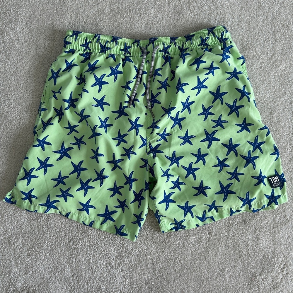 Tom & Teddy Green and Blue Swim Trunks with Playful Starfish Design